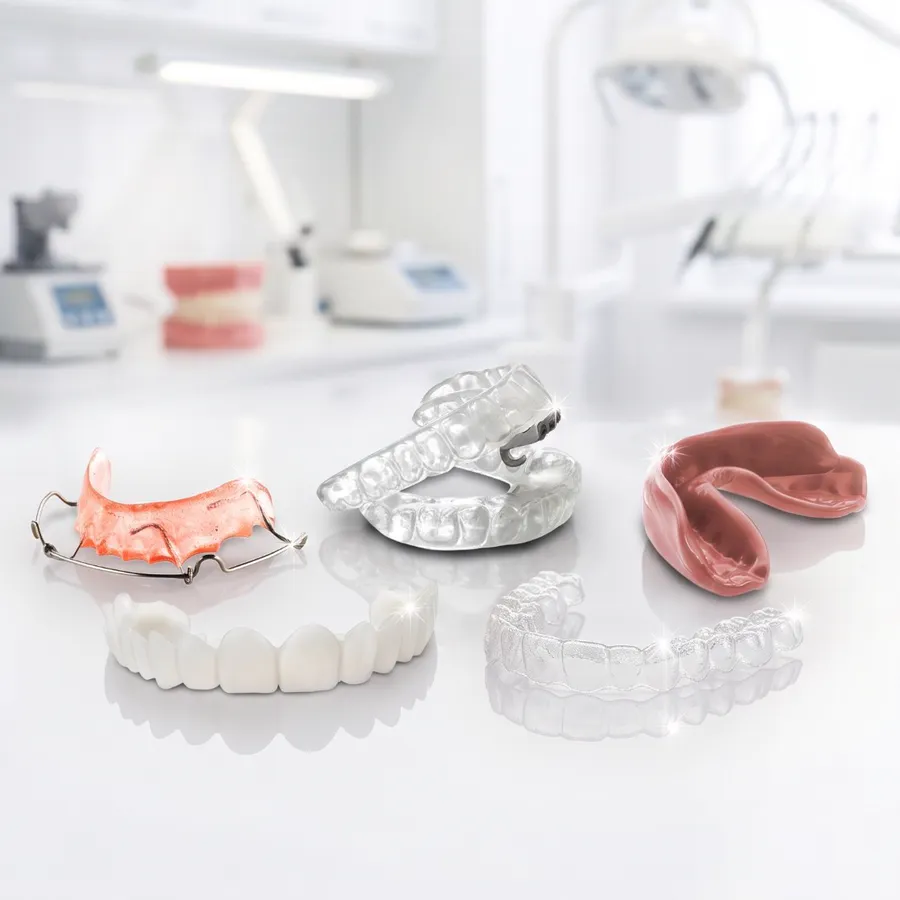 Retainers, a clear bite splint, a sports mouthguard and a veneer mock-up on a lab bench