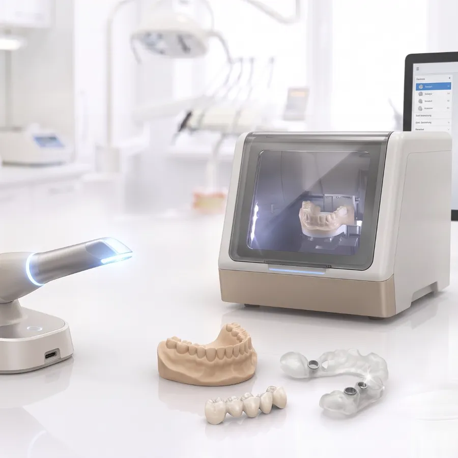 Intraoral scanner, milling machine, printed model, bridge and surgical guide on a lab bench, with a CAD design on screen